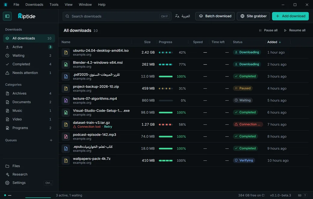 The Riptide downloads list in the dark theme: segmented progress bars, speed and status for each file