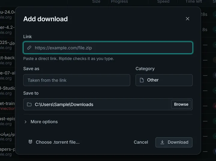 The Add download dialog: the link is already checked (3.36 GB, resumable, multiple connections), with file name, category, folder and a connections picker