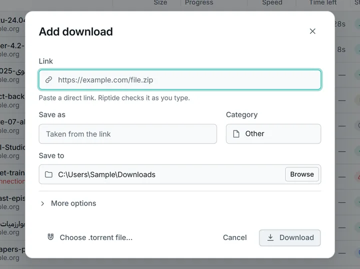 The Add download dialog: the link is already checked (3.36 GB, resumable, multiple connections), with file name, category, folder and a connections picker