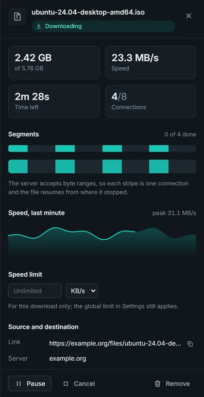 The details drawer: 8 of 8 connections, a per-segment progress map, a speed graph for the last minute and the source link