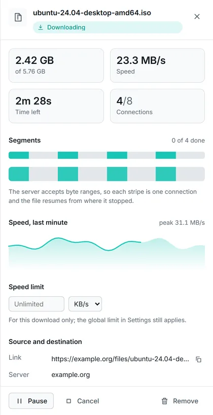 The details drawer: 8 of 8 connections, a per-segment progress map, a speed graph for the last minute and the source link