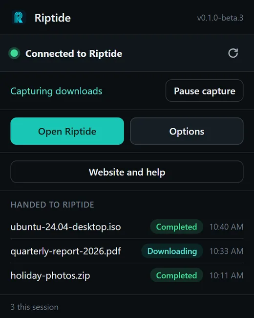 The extension popup: Connected to Riptide, Capturing downloads, Open Riptide and Options buttons, and a list of recent downloads handed to Riptide