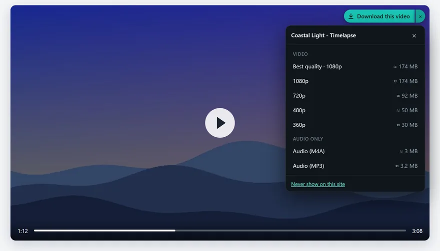 A video page with the Download this video button on the player and its quality list open: Best quality, 1080p, 720p, 480p, 360p and audio only as M4A or MP3