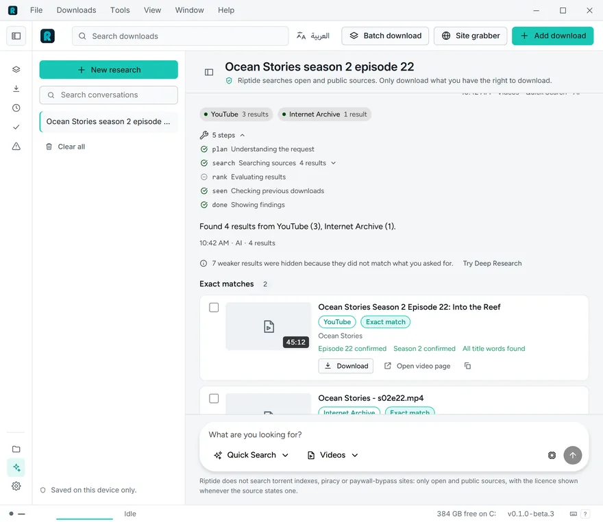 Research results for a video search: the search steps, then Exact matches with source badges and green chips for what was confirmed