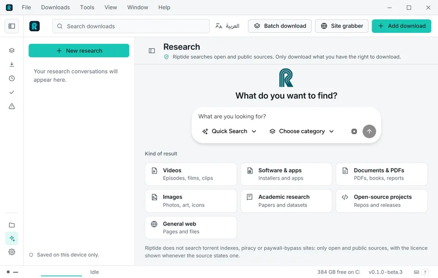 The Research start page: the Riptide logo, a prompt box with Quick search and a category picker, and cards for each kind of result